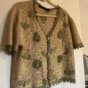 Chic Tan Cardigan with Green Embroidery